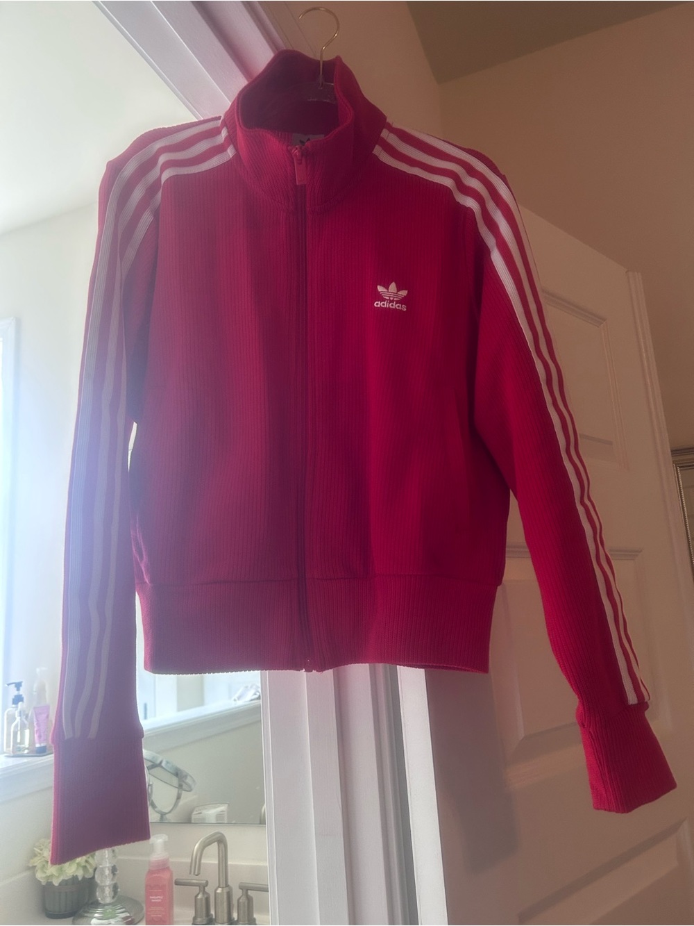 adidas Red Bomber-Style Knit Track Jacket with White Three Stripes